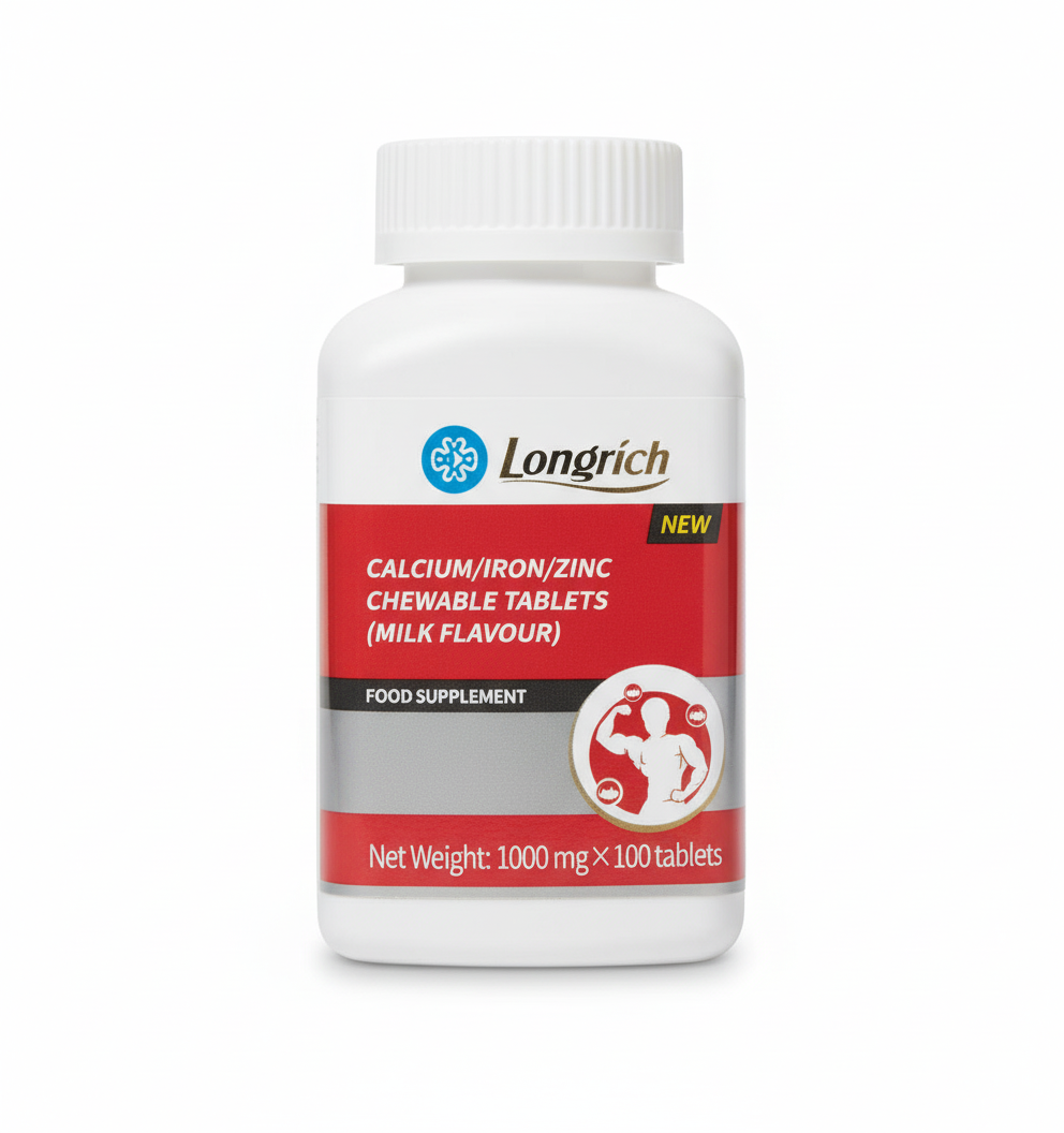 Longrich Calcium / Fer / Zinc – Comprimés à Croquer Saveur Lait (1000 mg × 100)